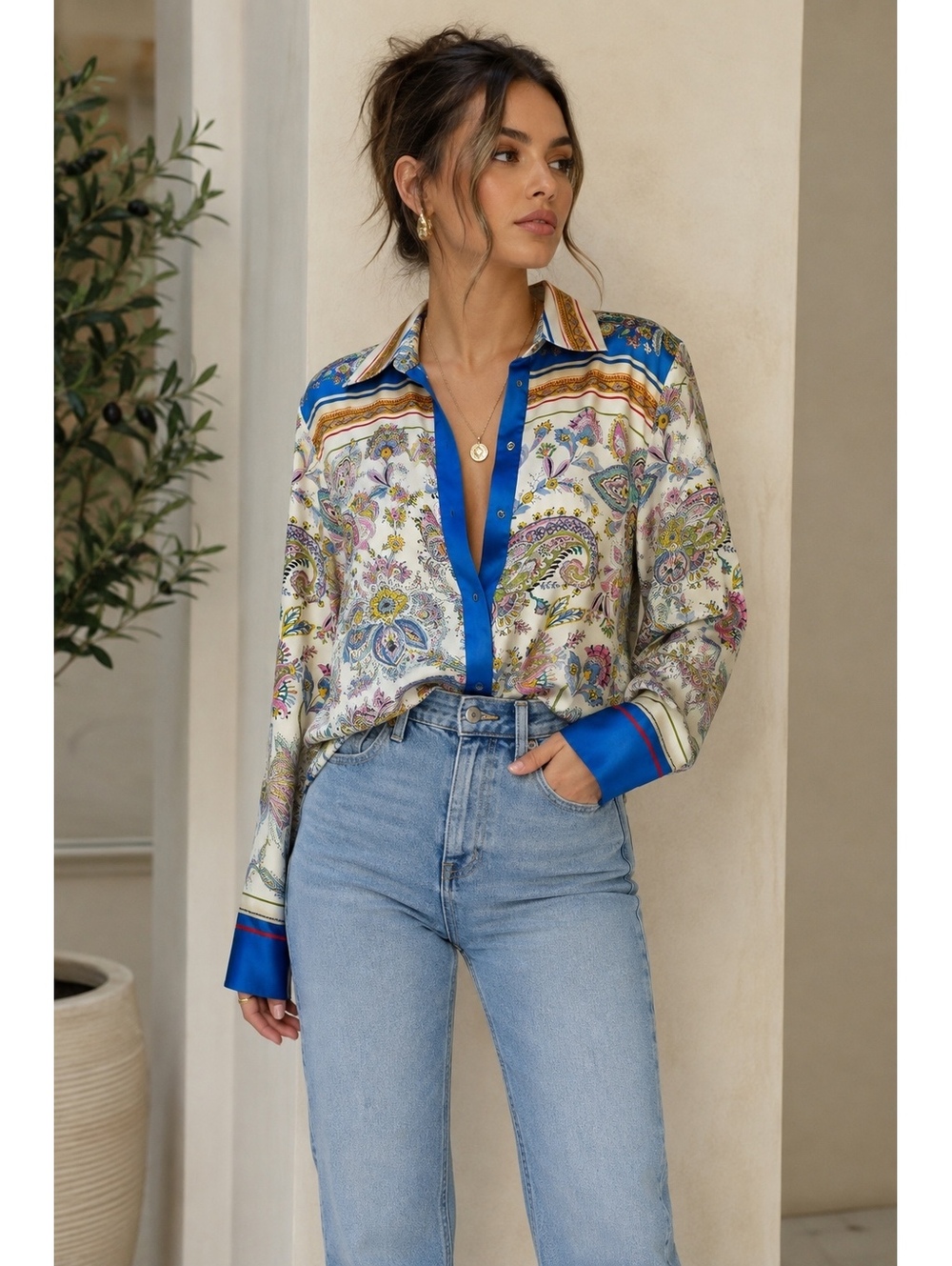ZARA XL Multicolor Paisley Floral Scarf Print Satin Blouse Blue Boho